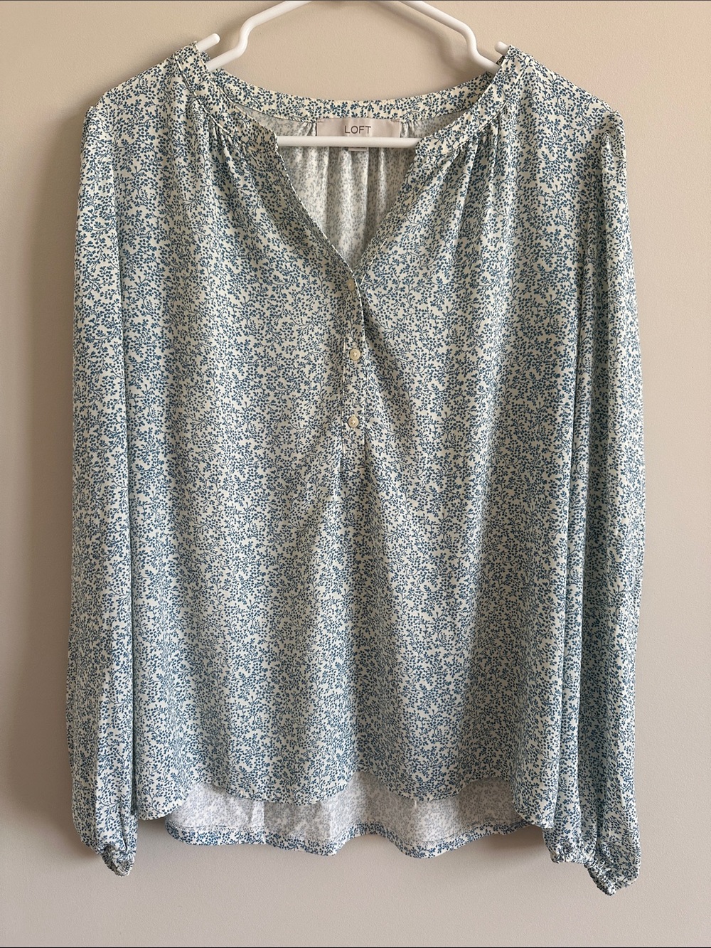 LOFT Blue and White Floral Long-Sleeve Blouse with Knit Back